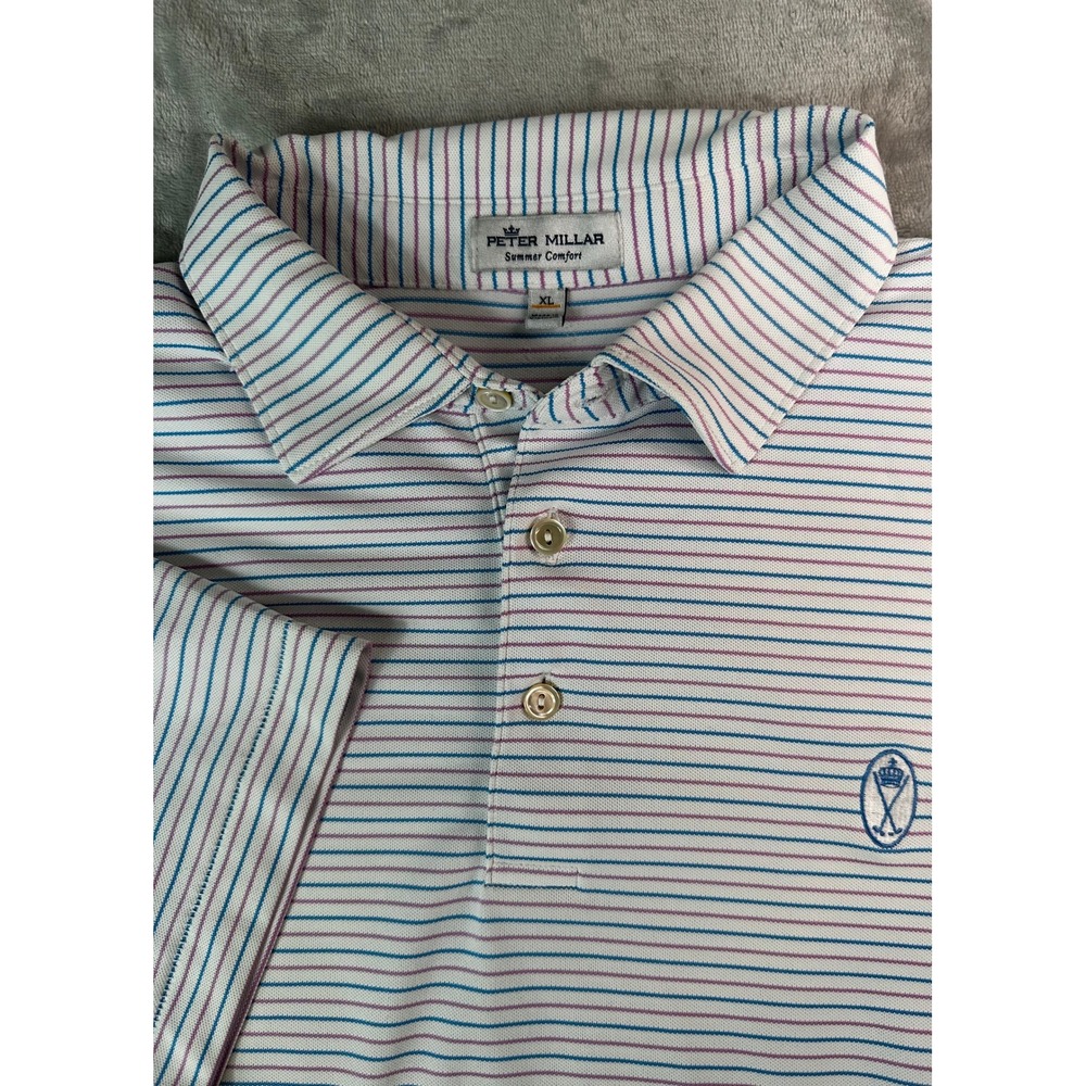 Peter Millar Striped Polo in White with Blue and Pink Stripes